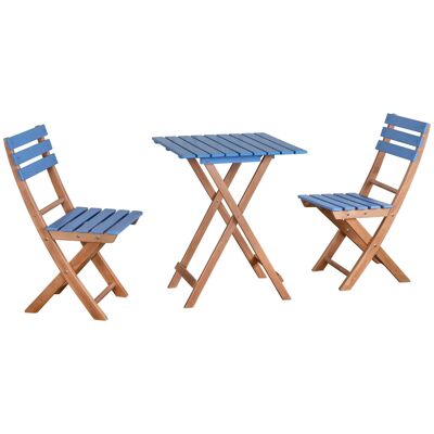 3-teiliges klappbares Garten-Bistro-Set im Kolonialstil, 2 Stühle + blau lackierter Tisch aus vorgeöltem Kiefernholz