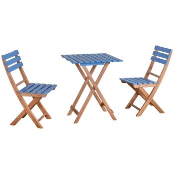 Ensemble bistro de jardin 3 pièces pliantes style colonial 2 chaises + table bois pin pré-huilé peint bleu 1
