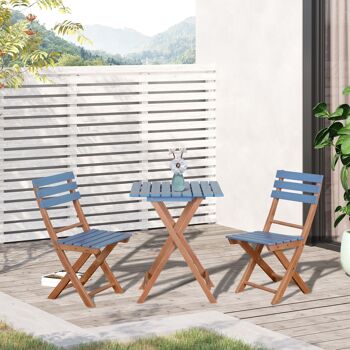 Ensemble bistro de jardin 3 pièces pliantes style colonial 2 chaises + table bois pin pré-huilé peint bleu 2
