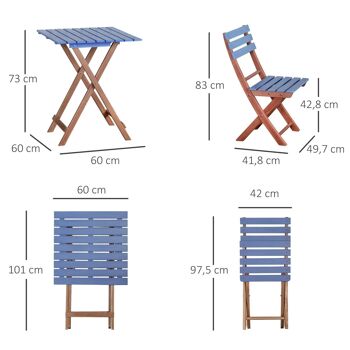 Ensemble bistro de jardin 3 pièces pliantes style colonial 2 chaises + table bois pin pré-huilé peint bleu 3