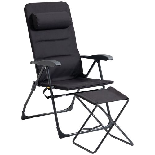 Chaise longue et repose-pied pliables - dossier réglable multi-positions - tétière, poche rangement, poignée - acier époxy polyester noir