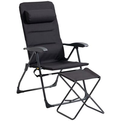Foldable chaise longue and footrest - multi-position adjustable backrest - headrest, storage pocket, handle - black epoxy polyester steel