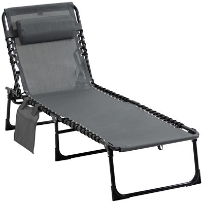 Foldable deckchair sun lounger with handle - multi-position reclining backrest, pocket, headrest - black epoxy steel gray textilene elastic laces