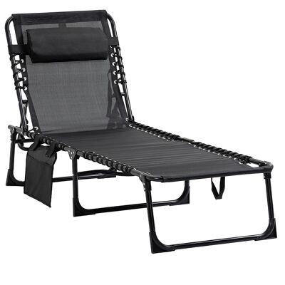 Foldable deckchair sun lounger with handle - multi-position reclining backrest, pocket, headrest - epoxy steel black textilene elastic laces