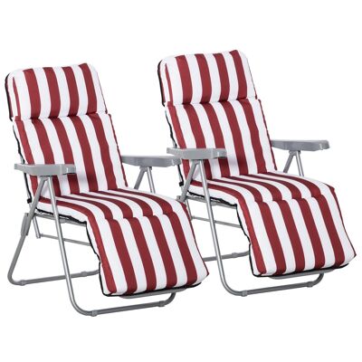 Lot de 2 chaises longues bains de soleil ajustables pliables transat lit de jardin en acier rouge + blanc