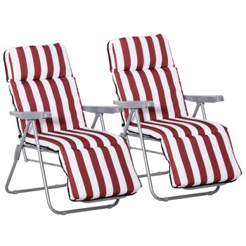 Lot de 2 chaises longues bains de soleil ajustables pliables transat lit de jardin en acier rouge + blanc 1