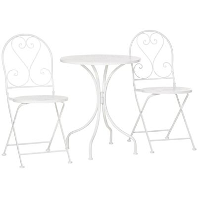 3-Piece Bistro Garden Set 2 Folding Chairs and Round Table in White Epoxy Metal
