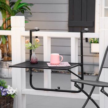 Table suspendue de balcon pliable dim. plateau 60L x 40l cm hauteur réglable 57-72H cm métal époxy noir 2