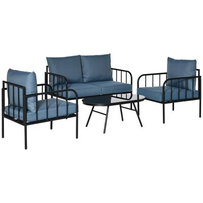 4-Sitzer-Gartenmöbel-Set im Neo-Retro-Stil – wasserabweisende Kissen mit abnehmbaren Bezügen – schwarzes Epoxidmetall, blaues Polyester