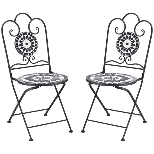 Lot de 2 chaises de jardin pliables style fer forgé mosaïque céramique motif rose des vents métal époxy noir blanc