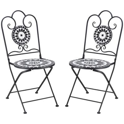 Juego de 2 sillas de jardín plegables estilo hierro forjado, mosaico de cerámica, rosa de los vientos, metal epoxi, blanco negro
