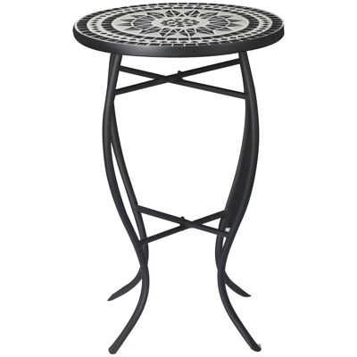 Runder Tisch im Bistro-Schmiedeeisen-Stil, Keramik-Mosaik-Tablett, Epoxidharz-Metall, Korrosionsschutz, Schwarz-Weiß