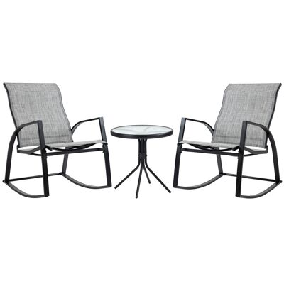 Set da giardino 3 pezzi 2 sedie a dondolo tavolino basso piano in vetro temperato epossidico grigio acciaio textilene