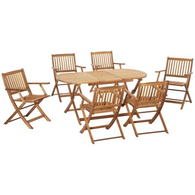 Juego de jardín de 6 plazas y 7 piezas - mesa de comedor ovalada y 6 sillas plegables - madera de chopo preaceitada