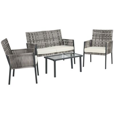 Contemporary garden furniture set 4-seater 4-piece water-repellent cushions with removable cream gray woven resin