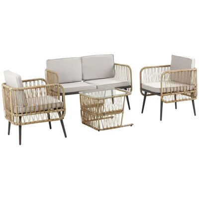 Set da giardino 4 posti Tavolino da caffè in stile coloniale 4 pezzi beige cuscini inclusi effetto rattan in resina intrecciata