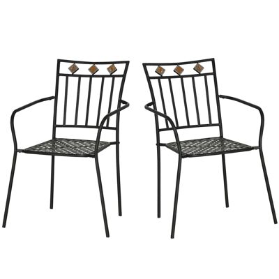 Set of 2 wrought iron style epoxy metal garden chairs with mosaic - armrests - black