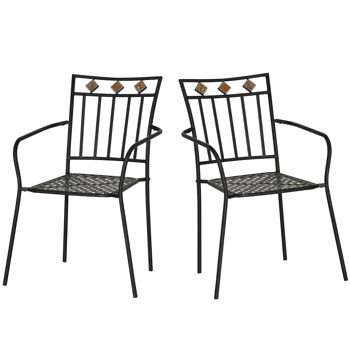 Lot de 2 chaises de jardin métal époxy style fer forgé avec mosaïque - accoudoirs - noir 1