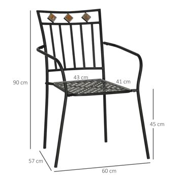 Lot de 2 chaises de jardin métal époxy style fer forgé avec mosaïque - accoudoirs - noir 3