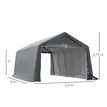 Tente garage carport dim. 6L x 3,6l x 2,75H m acier galvanisé robuste PE haute densité 195 g/m² imperméable anti-UV blanc gris 3