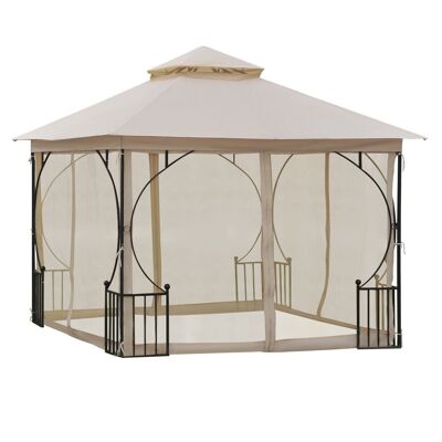 Pavillon de jardin tonnelle barnum style colonial double toit toiles moustiquaires amovibles zippées dim. 2,95L x 2,95l x 2,75H m beige noir