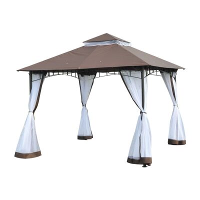 Barnum Pavillon im Kolonialstil, doppeltes Segeltuchdach, abnehmbare Moskitonetze, 3 L x 3 B x 2,7 H m, Metall, Epoxidharz, Polyester, Schokolade und Weiß