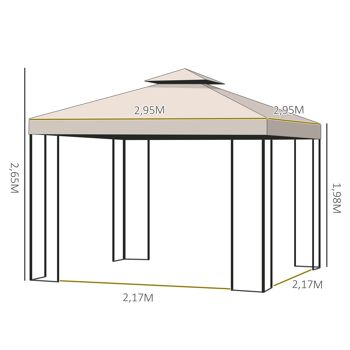 Tonnelle barnum style colonial double toit toiles latérales amovibles 2,95L x 2,95l x 2,65H m beige noir 3