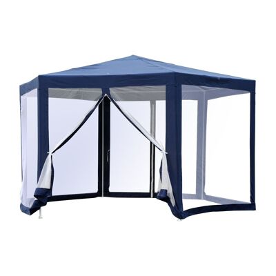 Tenda reception esagonale Arbor Barnum 10 m² stile accogliente metallo poliestere impermeabilizzato blu bianco