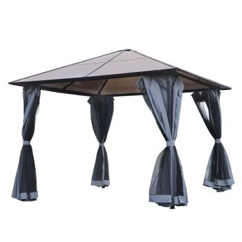 Pavillon de jardin tonnelle rigide dim. 4L x 3l x 2,65H m 4 parois latérales anti-UV gris 4 moustiquaires zippées alu. métal polycarbonate noir brun 1