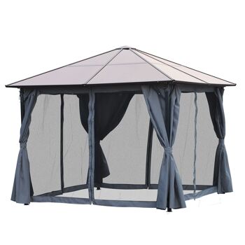 Pavillon de jardin tonnelle rigide dim. 4L x 3l x 2,65H m 4 parois latérales anti-UV gris 4 moustiquaires zippées alu. métal polycarbonate noir brun 4