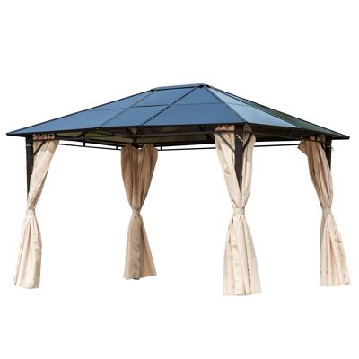 Pabellón de jardín cenador rígido Dim. 3,65L x 3W x 2,7H m cortinas laterales anti-UV acero beige policarbonato negro