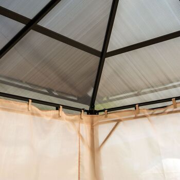 Pavillon de jardin tonnelle rigide dim. 3,65L x 3l x 2,7H m rideaux latéraux anti-UV beige acier noir polycarbonate 5
