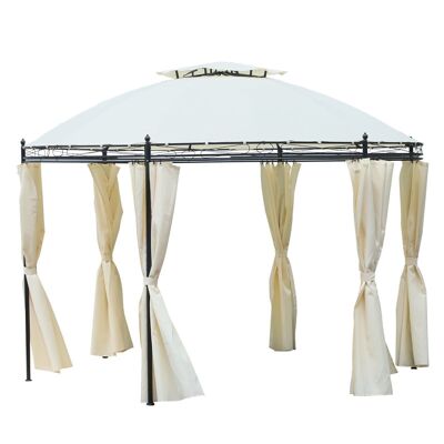 Gazebo round garden pavilion dim. Ø 3.5L x 2.75H m double roof 6 side curtains cream polyester black epoxy metal