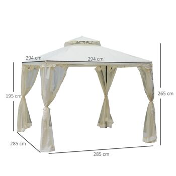 Pavillon de jardin tonnelle barnum style colonial double toit toiles moustiquaires amovibles zippées crème 3
