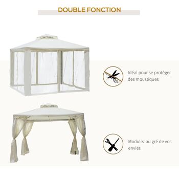 Pavillon de jardin tonnelle barnum style colonial double toit toiles moustiquaires amovibles zippées crème 4