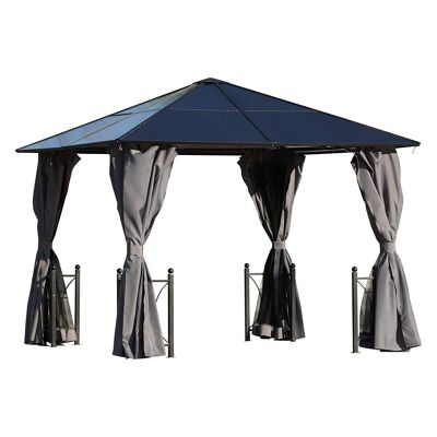 Gazebo rigido padiglione da giardino L 3L x 3L x 2,63H m 4 pareti laterali grigie anti UV 4 zanzariere in alluminio con cerniera in policarbonato nero