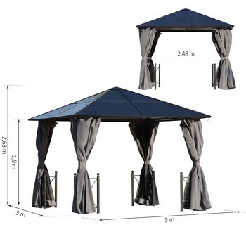 Pavillon de jardin tonnelle rigide dim. 3L x 3l x 2,63H m 4 parois latérales anti-UV grise 4 moustiquaires zippées alu polycarbonate noir 3