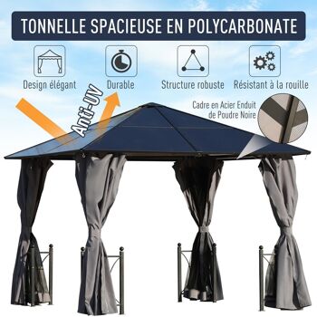 Pavillon de jardin tonnelle rigide dim. 3L x 3l x 2,63H m 4 parois latérales anti-UV grise 4 moustiquaires zippées alu polycarbonate noir 4