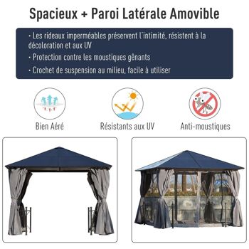 Pavillon de jardin tonnelle rigide dim. 3L x 3l x 2,63H m 4 parois latérales anti-UV grise 4 moustiquaires zippées alu polycarbonate noir 5