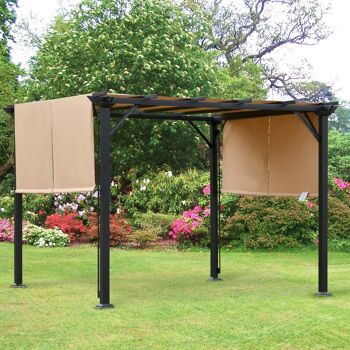 Pergola rétractable 3,05L x 3,05l x 2,2H m structure métal époxy anticorrosion noir double toile polyester haute densité beige 2