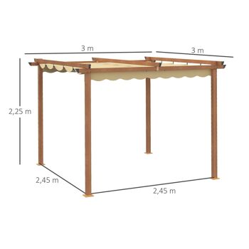 Pergola rétractable 3L x 3l x 2,25H m structure alu. aspect bois toile polyester haute densité beige 3