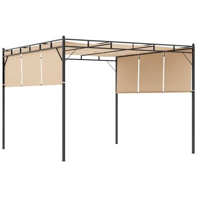 Retractable pergola dim. 3L x 3W x 2.2H m black anti-corrosion epoxy steel structure triple beige high-density polyester fabric