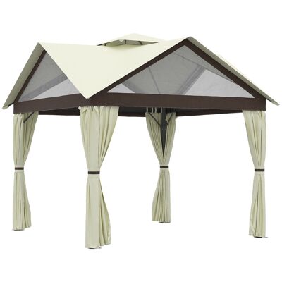 Gartenpavillon im Kolonialstil – Doppeldachscheune, 4 Fenster, Vorhänge – Größe 3,5 L x 3,5 B x 3,33 H m – Metall, schwarzes Polyester, braun-beige