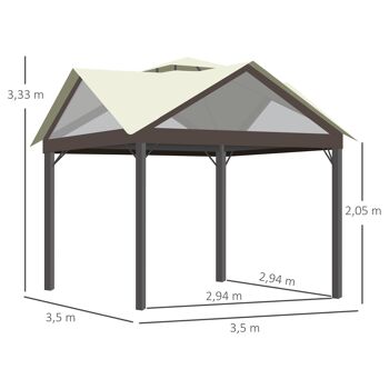 Pavillon de jardin style colonial - barnum double toit, 4 fenêtres, rideaux - dim. 3,5L x 3,5l x 3,33H m - métal noir polyester marron beige 3