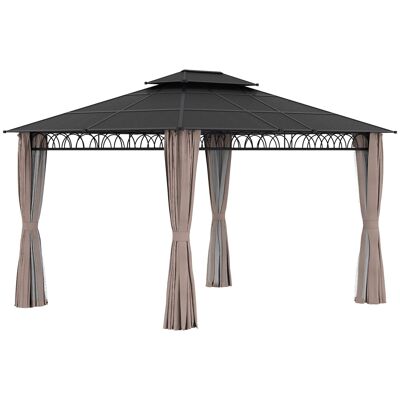 Starrer Pavillon-Gartenpavillon mit den Maßen 3,6 L x 3 B x 2,78 H m, UV-beständige Seitenvorhänge, graue Struktur, schwarzes Dach aus Polycarbonat