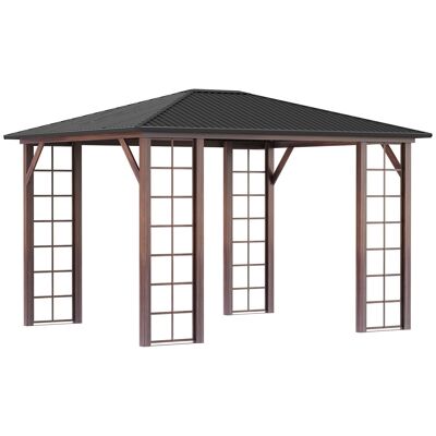 Pérgola de jardín con techo rígido impermeable - medidas 364L x 299W x 280H cm - metal gris oscuro con aspecto de madera
