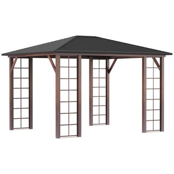 Pergola pavillon de jardin avec toit rigide imperméable - dim. 364L x 299l x 280H cm - métal aspect bois gris foncé 1
