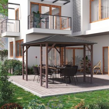 Pergola pavillon de jardin avec toit rigide imperméable - dim. 364L x 299l x 280H cm - métal aspect bois gris foncé 2