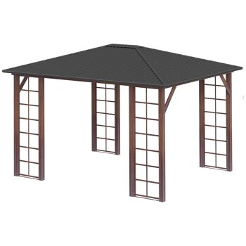 Pergola pavillon de jardin avec toit rigide imperméable - dim. 364L x 299l x 280H cm - métal aspect bois gris foncé 4