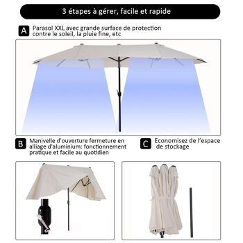 Parasol de jardin XXL parasol grande taille 4,6L x 2,7l x 2,4H m ouverture fermeture manivelle acier polyester haute densité crème 5